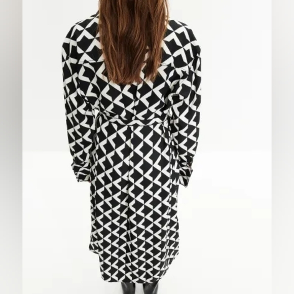 H&M Tie-belt shirt dress black & white Patternwd sz L bnwt - Picture 5 of 16
